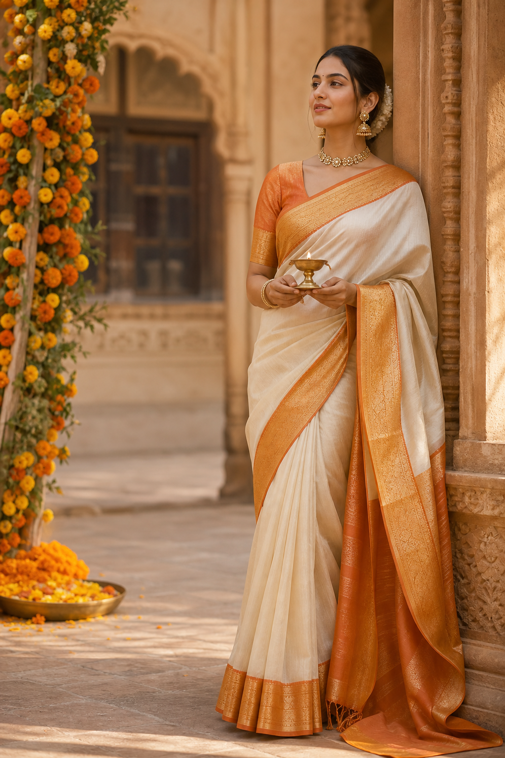 Woman in a saffron and ivory saree holding a diya